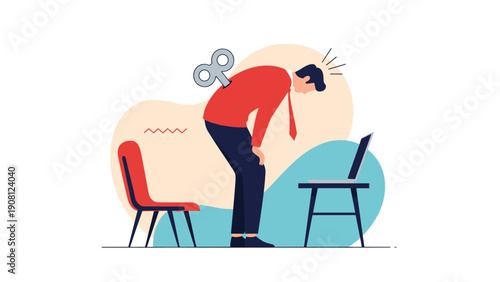 Tired businessman with a wind-up key in his back leaning over a desk with a laptop representing burnout or fatigue.
