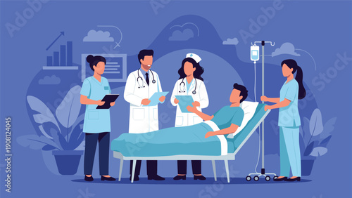 Professional medical team including doctors and nurses attending to a male patient lying in a hospital bed with an IV drip and charts.