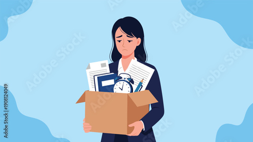 Sad and discouraged businesswoman carrying a cardboard box filled with office supplies after being fired or resigning from her job.