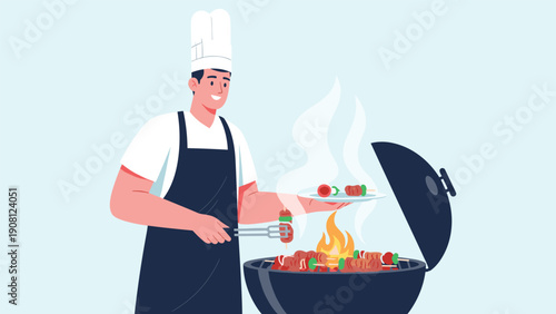 Smiling male chef in white uniform and apron grilling skewers over a flaming barbecue grill to prepare a delicious outdoor meal.