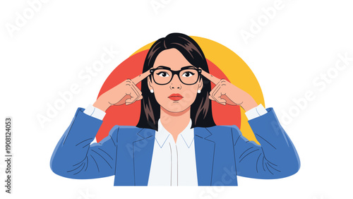 Intelligent young businesswoman in a blue suit and glasses pointing to her temples while thinking deeply about a creative solution.