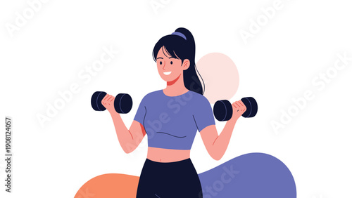 Fit young woman in sportswear smiling and exercising with two black dumbbells to build strength and maintain a healthy body.