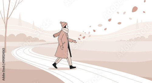 Woman Walking on Winding Path in Autumn Landscape with Falling Leaves