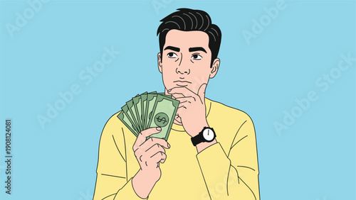 Thoughtful young man holding a fan of dollar bills and looking away while planning his budget or thinking about financial investments.