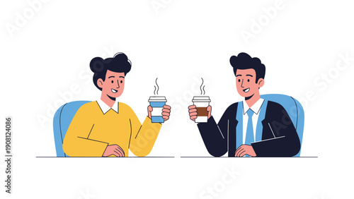 Two professional colleagues sitting at a table and having a friendly conversation while enjoying a coffee break during their workday.