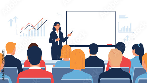 Professional businesswoman giving a presentation with a whiteboard to a group of attentive colleagues sitting in an office meeting.