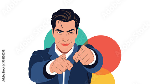 Confident man in a business suit smiling and pointing both index fingers directly at the viewer as a gesture of encouragement or selection.