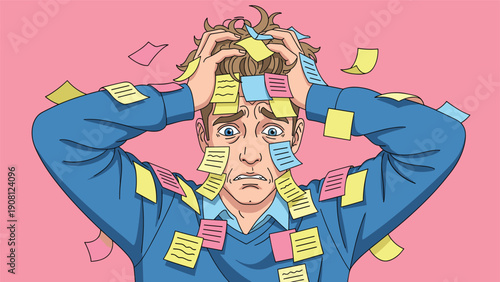 Overwhelmed and stressed businessman with many colorful sticky notes stuck to his head and body representing an intense workload.