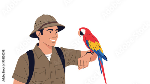 Adventurous man wearing a safari hat and backpack smiling as a colorful macaw parrot perches on his arm during a tropical journey.