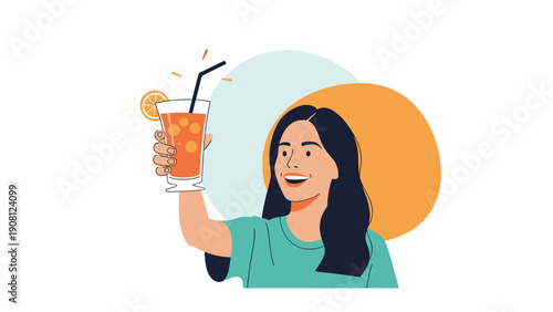 Happy young woman smiling and holding up a tall glass of fresh orange juice with a straw to celebrate a healthy lifestyle choice.