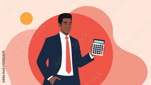 Successful black businessman in a blue suit holding an electronic calculator to manage finances or accounting.