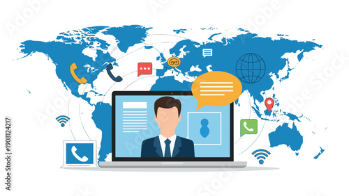 Laptop screen showing a man in a video conference call with a world map and communication icons in background.