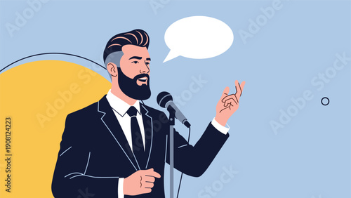 Professional bearded man in a suit speaking into a microphone with a blank speech bubble for a custom message.