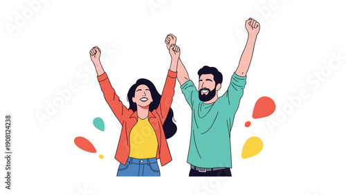 Excited young man and woman with arms raised in a cheer celebrating their great success or achievement together.