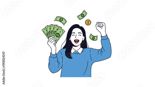 Joyful woman celebrating with a handful of cash and falling banknotes after a big win or major financial success.