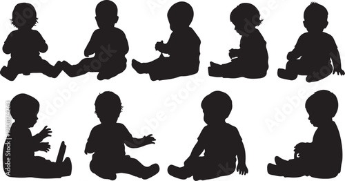 Silhouettes of babies sitting in various playful poses together