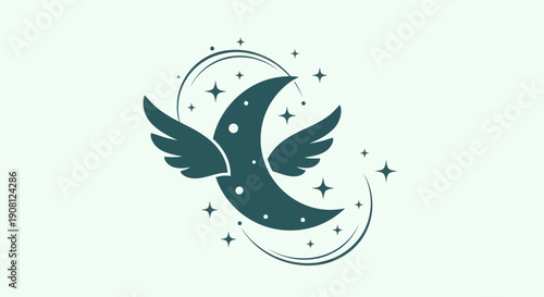 Crescent moon with wings and stars