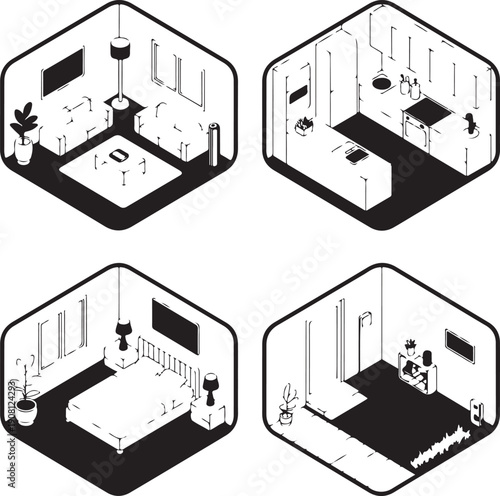 black and white isometric illustrations of different rooms in a house