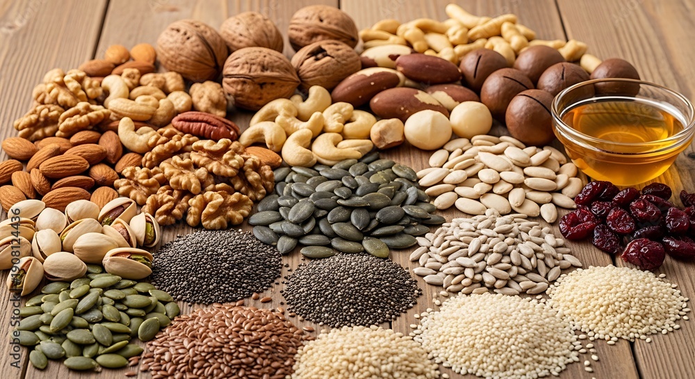 Naklejka premium Diverse Selection of Wholesome Nuts, Seeds, and Dried Fruits, Packed with Essential Nutrients
