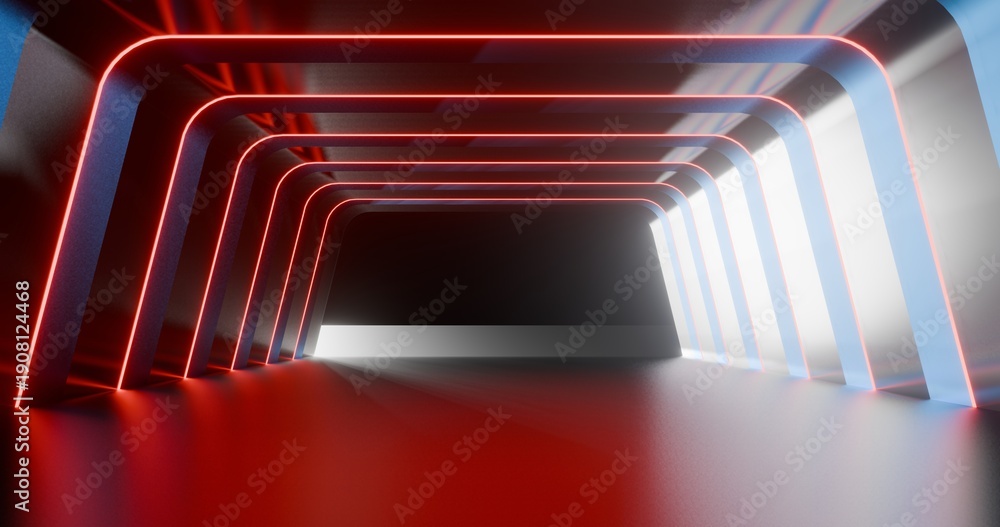 Fototapeta premium Futuristic interior background red lights glowing in black tunnel 3d render