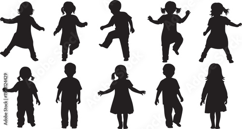 Silhouettes of children playing and jumping in various poses