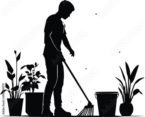 Cleaning Household Activity Silhouette Home Lifestyle Vector