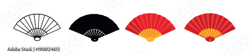 Four stylish asian folding fans: black and red designs on gradient background