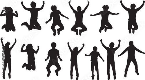 Silhouettes of people jumping and celebrating with joy freely