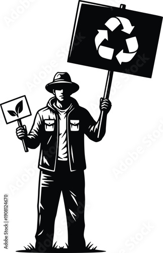 Environmental Activist Holding Sign Silhouette Climate Awareness Vector