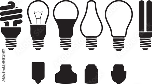 black and white light bulb icons and bases