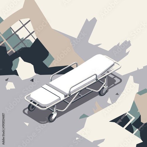 Isometric illustration of an empty medical stretcher amidst abstract debris for healthcare system crisis concept and emergency preparedness