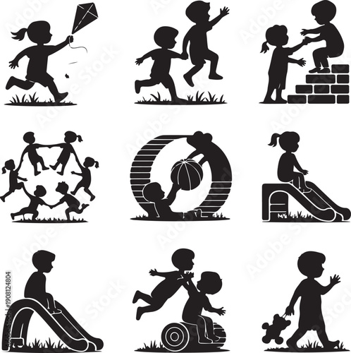 black silhouettes of children playing outside in park