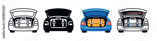 Stylized car trunk icons with luggage in varied colors