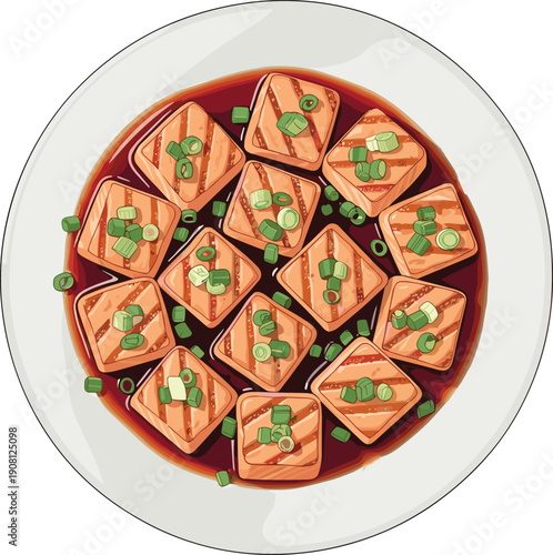 Fresh salmon tofu cubes in soy sauce bowl with green onions, top view Asian cuisine food illustration isolated background