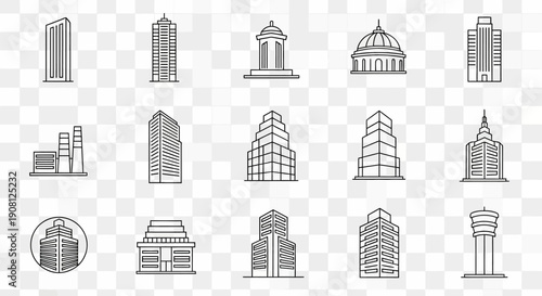 A diverse collection of line art building icons, showcasing various architectural styles from modern skyscrapers to classical government structures and industrial facilities.