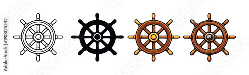 Four nautical ship wheels in various shades and styles on gradient background
