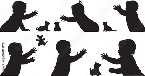 Silhouettes of babies and animals in playful interaction scenes