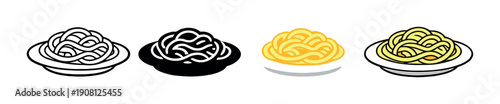 Diverse pasta designs on plates with highlighted glowing yellow noodles