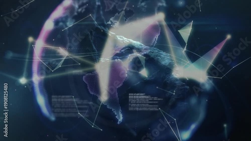 Helix backlit sparking polygon drift as tech data model morphing into rotating globe showing data
