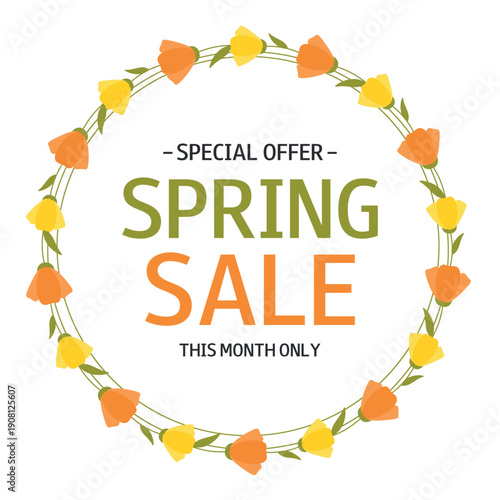 Spring Sale. Wreath yellow, orange flowers and text. Special Offer. This month only. Template for design, banner, flyer, poster, advertising, online store, shop window, promotion, invitation.