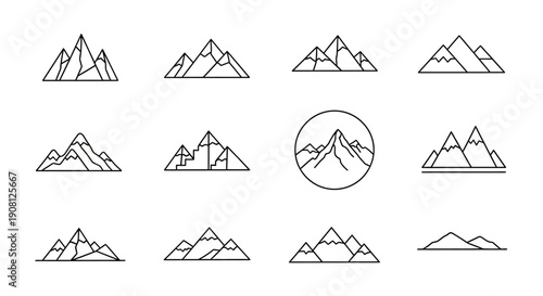 Collection of minimalist line art mountain icons and logos, featuring various geometric and abstract peak designs.