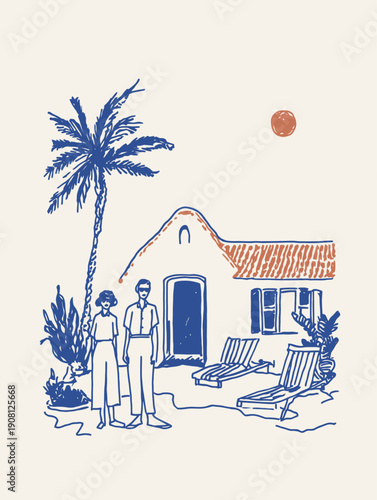 Minimalist Illustration of a Tropical Beach House with Palm Trees