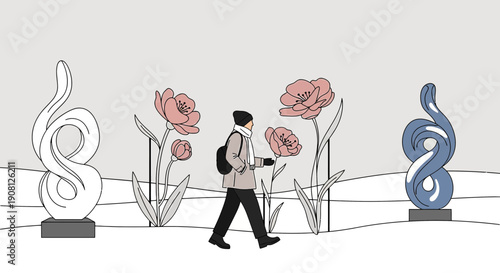 Woman Walking Past Winter Sculptures and Large Floral Illustrations