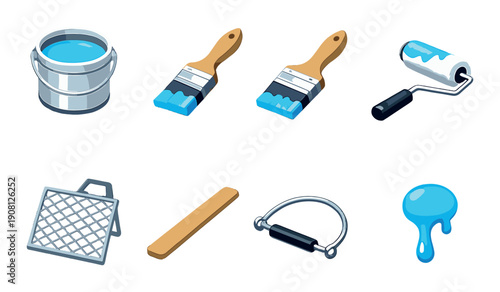 Vibrant painting tools set with paint cans brushes and roller