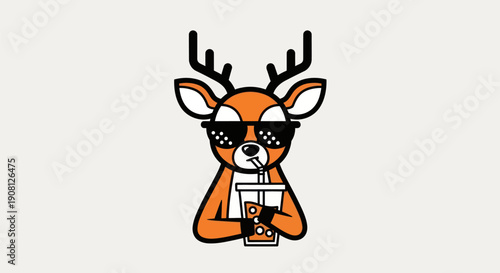 Deer cartoon drinking beverage with sunglasses
