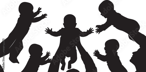 Silhouette of multiple people holding and supporting a child