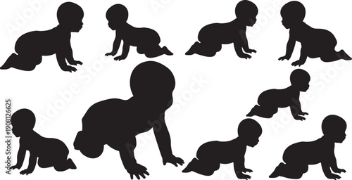 Silhouettes of babies crawling in various positions and movements