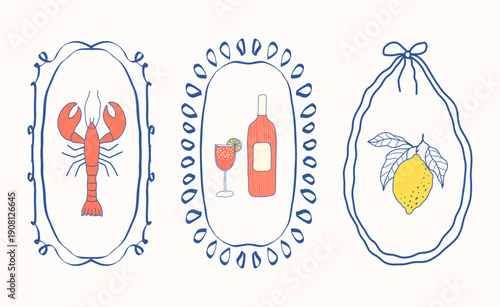 Hand drawn posters set with wine, lemon and lobster in whimsical frame with bow. Wine tasting concept. Collection of vector design elements for menu, invitation for event, festival, party.