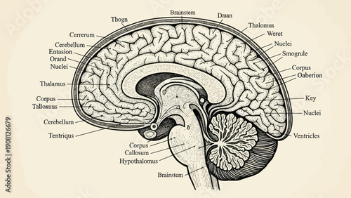 Detailed Sagittal View of the Human Brain with Anatomical Labels.