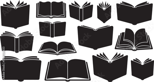 Collection of open and closed book illustrations in black